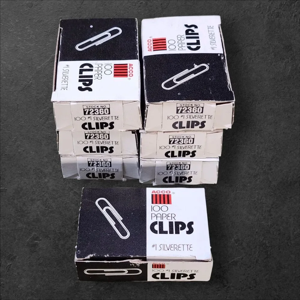 Vintage ACCO Silverette Paper Clips Lot of 7 Boxes No. 1 Stock 72360 MCM Office